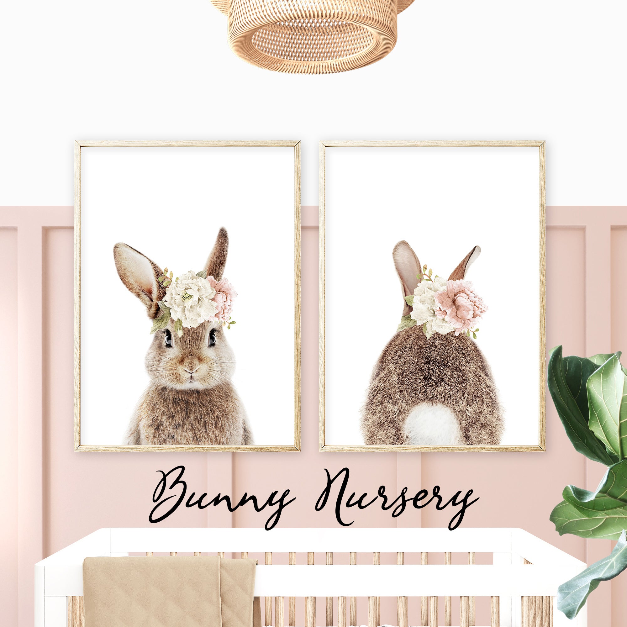 Floral Bunny nursery wall art prints baby bunny rabbit prints with flower crown, set of 2 prints, cute baby girl room wall art decor in soft blush pink tones, boho nursery decor for digital download, large 