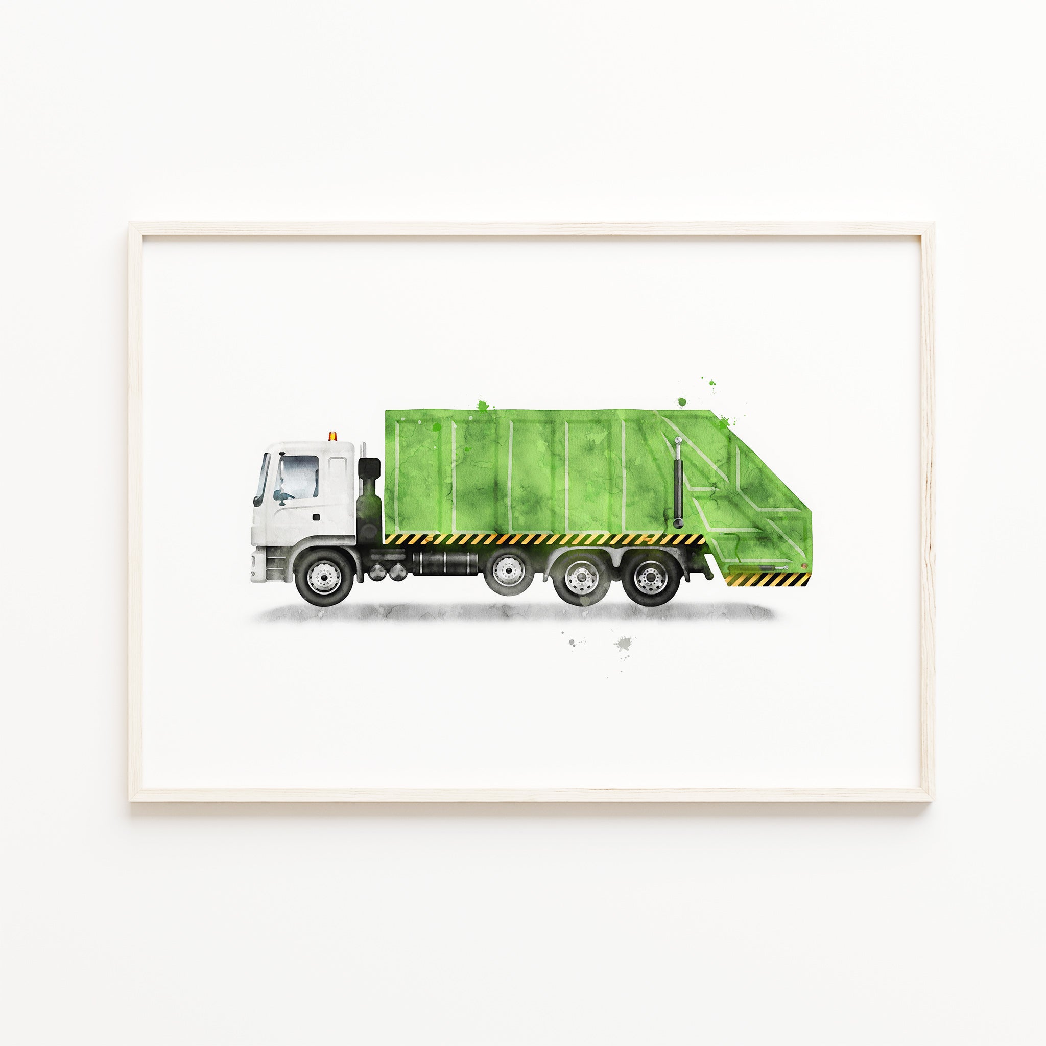 green watercolor garbage truck print, waste truck wall art, kids transportation print wall art decor for digital download, baby boy room picture, vehicle wall art illustration, large printable wall art


