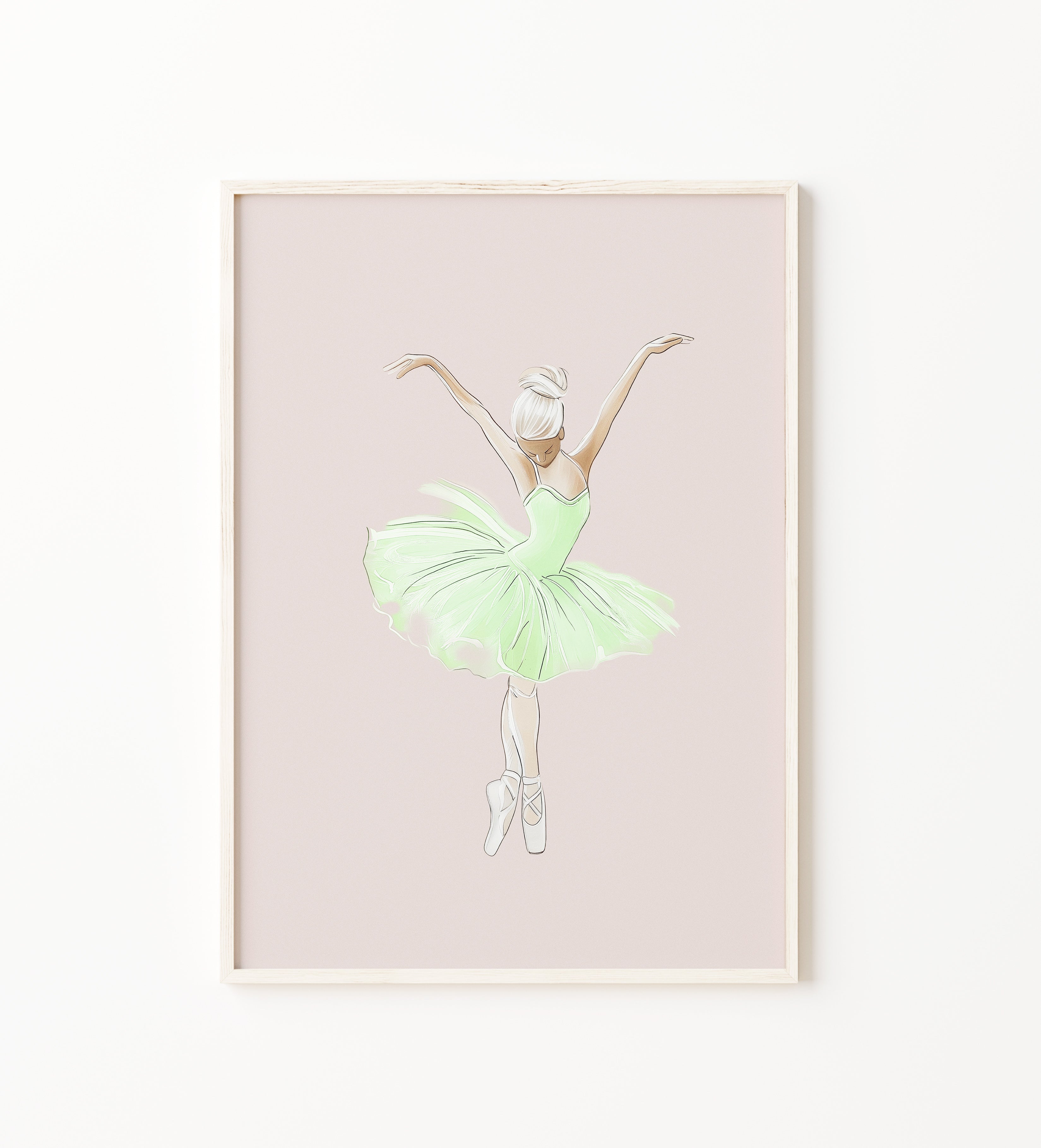 Green ballerina wall art print, graceful ballet dancer print in a soft pastel green tutu on a blush background, perfect for baby girl nursery, girls bedroom, and ballet room decor.