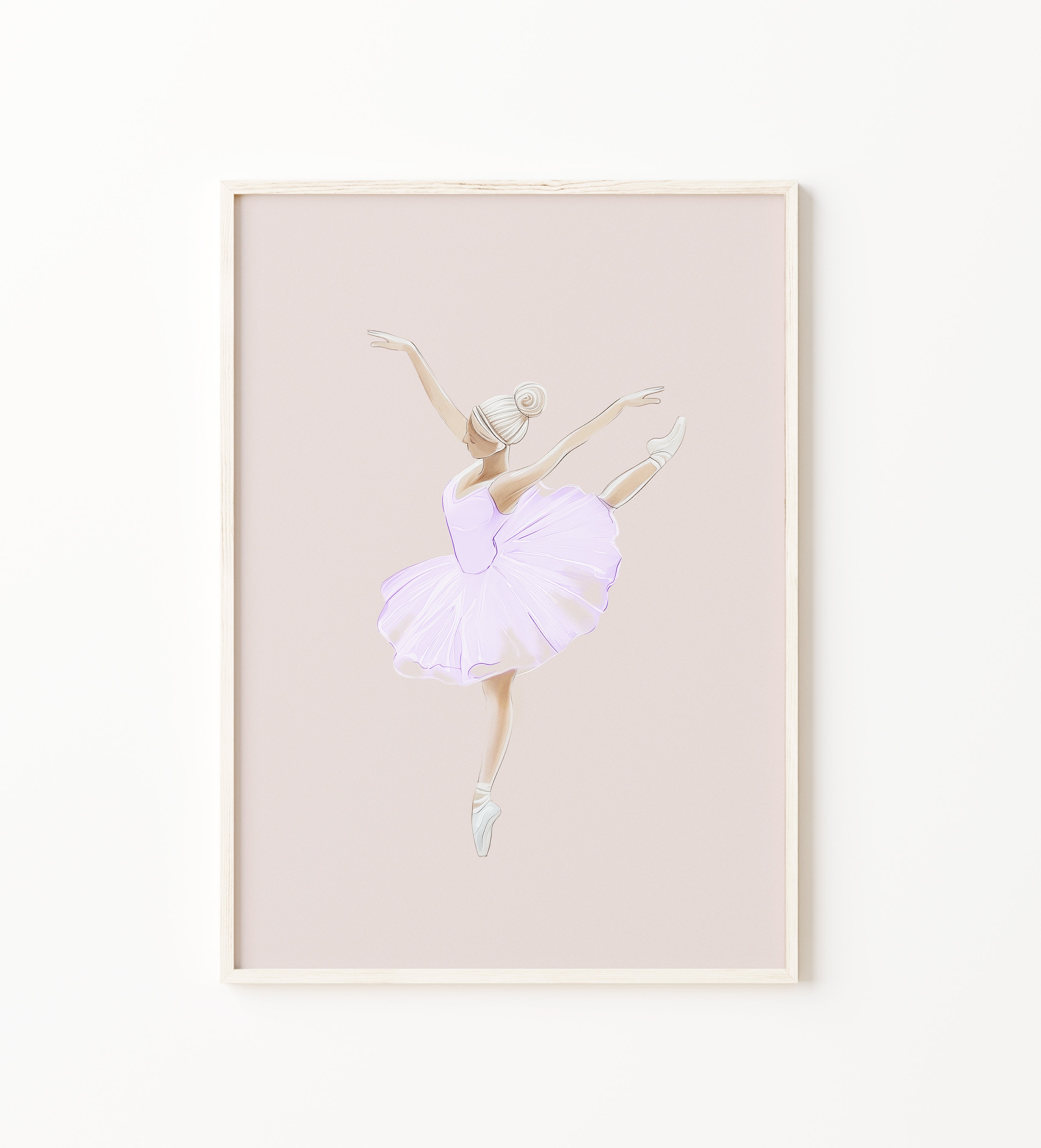 Lavender ballerina wall art print, graceful ballet dancer wall art in a soft pastel purple tutu on a blush background, perfect for baby girl room, nursery, bedroom, and ballet room decor.