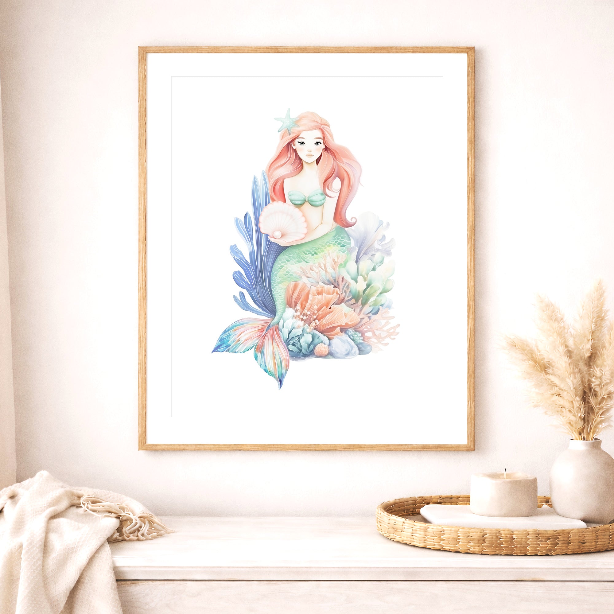 Watercolor Mermaid Nursery Wall Art  Print displayed in a modern baby girl room. Coastal ocean nursery decor featuring a pastel mermaid surrounded by coral and seashells. Large printable wall art, Digital download