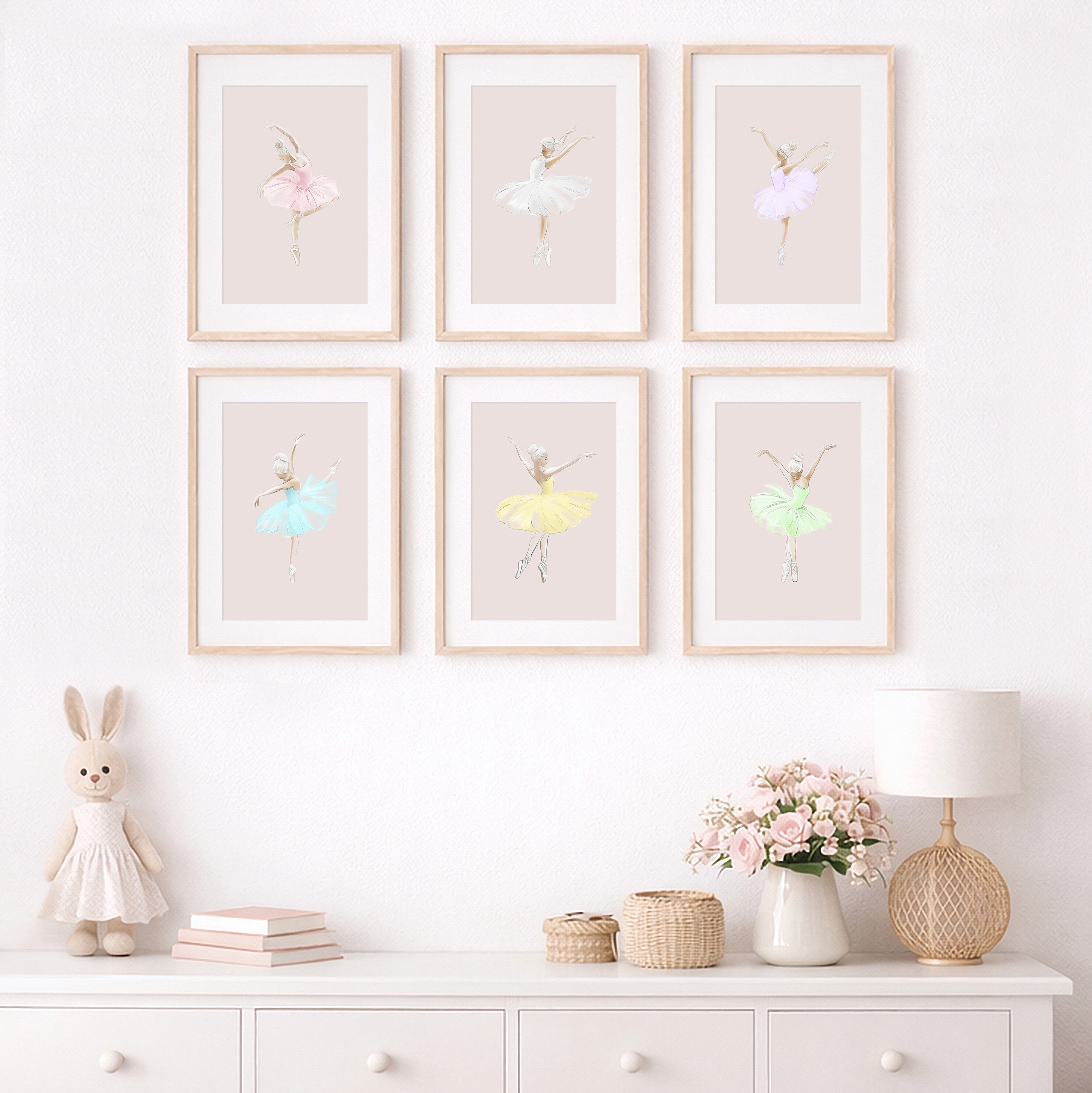 Pastel ballerina wall art prints, set of 6, above a dresser ballet wall art decor, baby girl room wall art, bedroom prints, nursery wall art, pink, white, lavender, blue, yellow, and mint ballet dancer prints. Large printable wall art, digital download