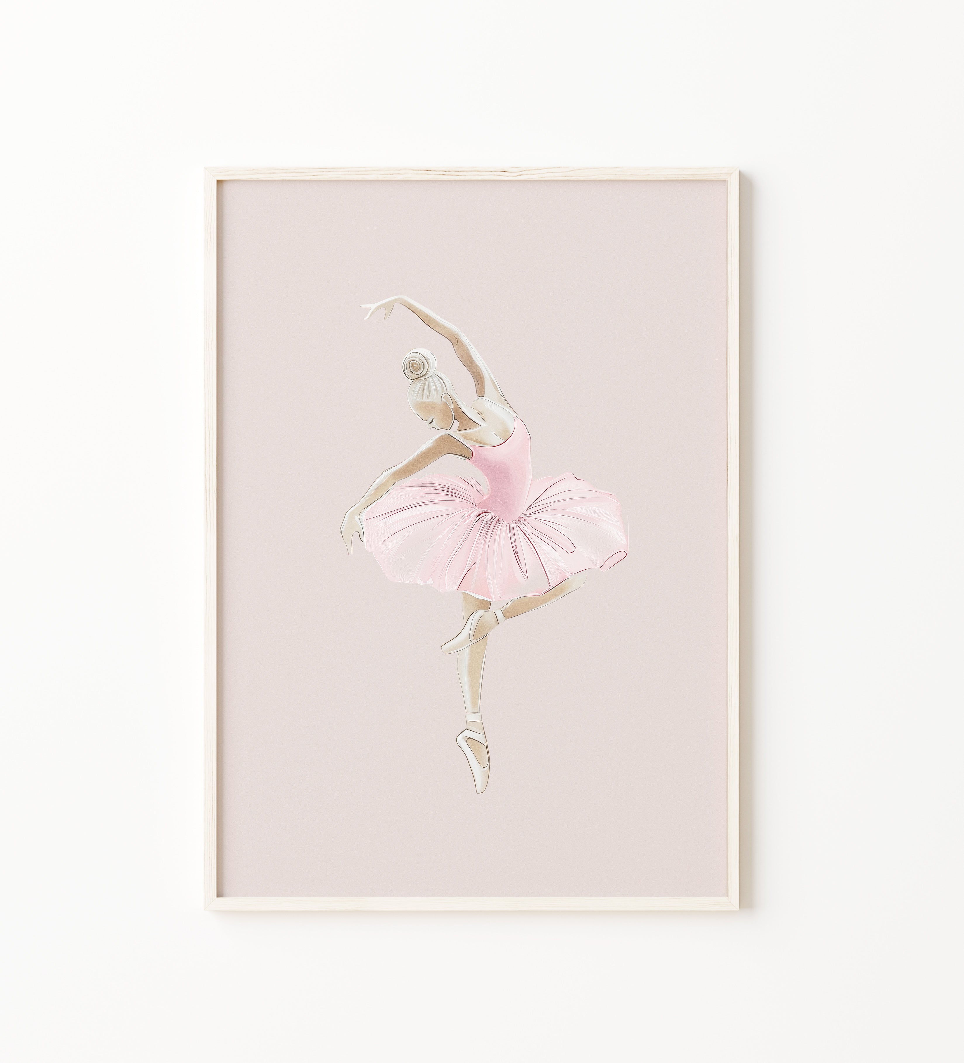Pink ballerina wall art print, graceful ballet dancer print in a soft pastel pink tutu on a blush background, perfect for baby girl nursery, girls' bedroom and ballet room decor for digital download, large printable wall art