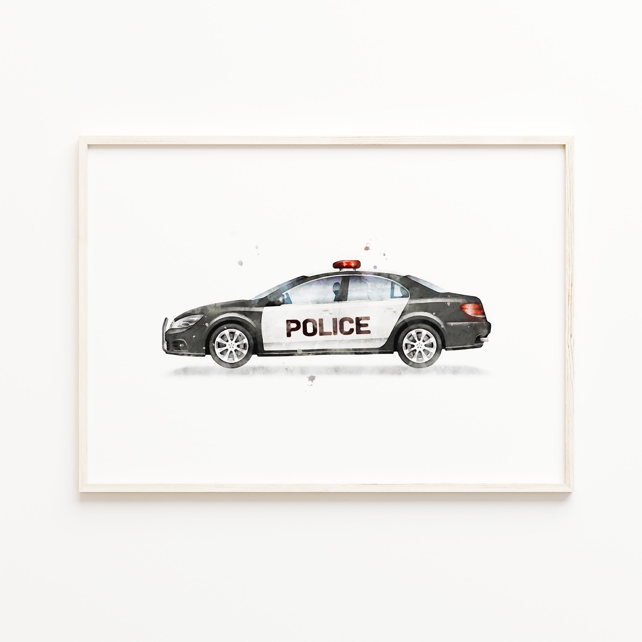 police car wall art print, black and white patrol car watercolor print, kids wall art, vehicle print, picture, emergency transport print, boys' room wall art decor for digital download, large printable wall art

