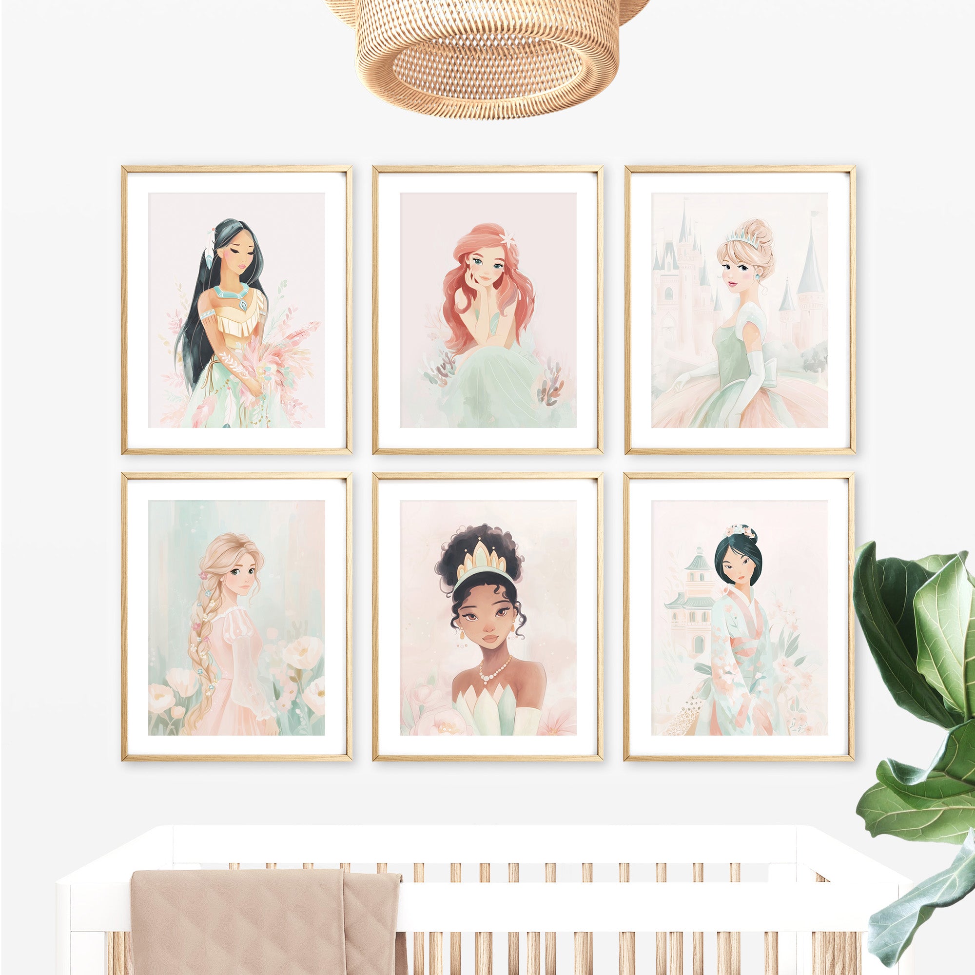 diverse fairytale princess wall art prints, set of 6, blush pink sage green nursery wall art for baby girl, above crib decor for digital download, soft pastel girl room prints, large printable wall art