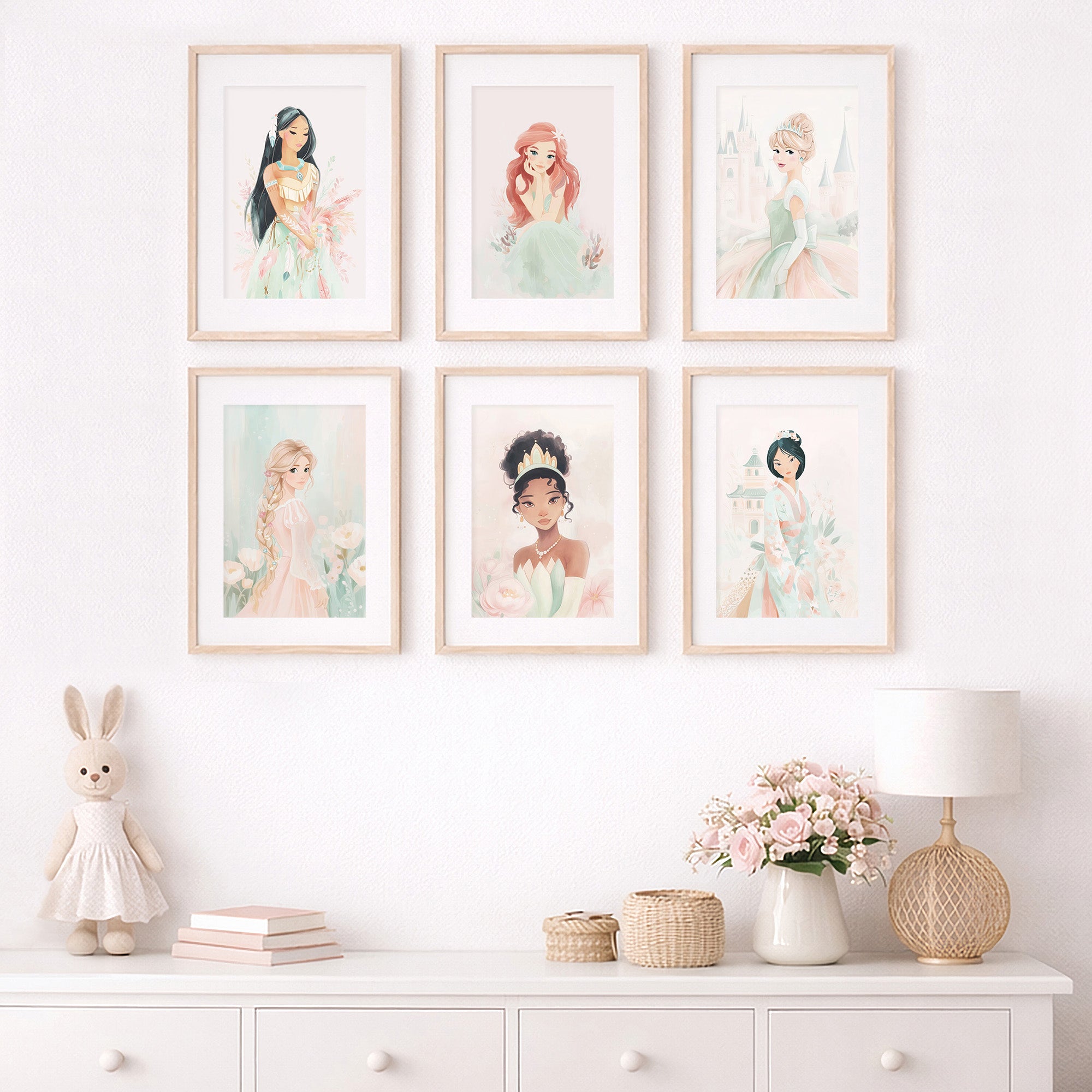 Fairytale Princess Wall Art Prints (Set of 6) for Girls Room, Pastel Nursery Wall Art Decor
