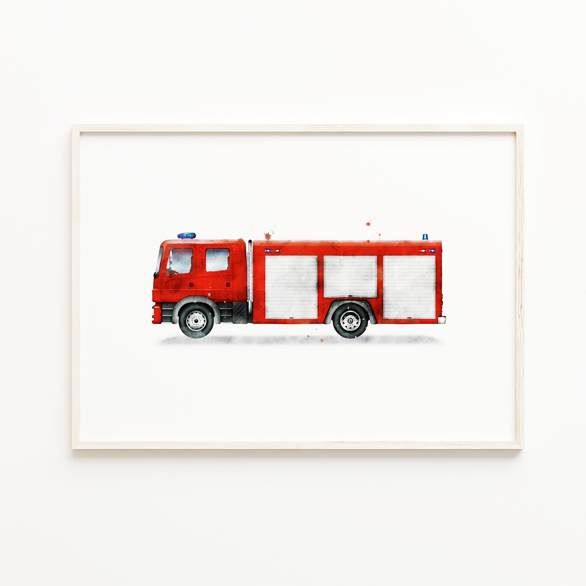 red watercolor fire truck wall art, red fire engine print, kids' emergency vehicle wall art decor for digital download, red rescue truck print, boys' room wall art, nursery transportation print, picture, poster, large printable wall art