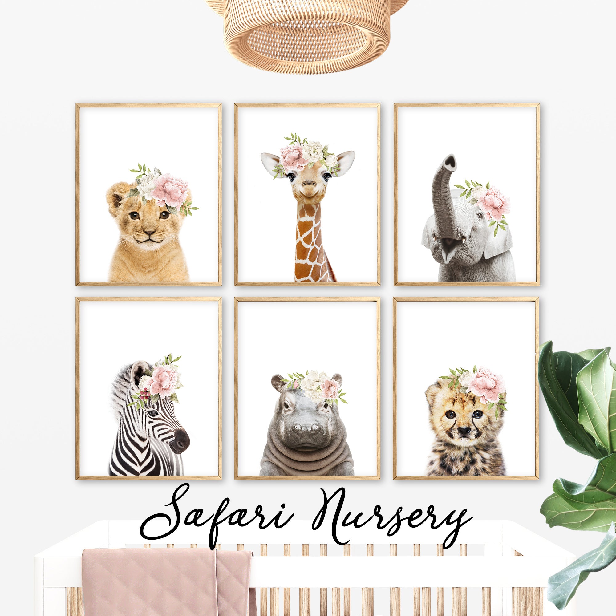 safari nursery wall art prints set of 6 prints, baby animal prints with blush pink floral crowns, floral nursery decor, baby girl room wall art prints, gallery wall set for digital download, large