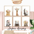 safari nursery wall art prints set of 6 prints, baby animal prints with flower crowns, baby girl nursery prints, safari gallery wall set, blush pink baby girl wall art decor, large printable wall art