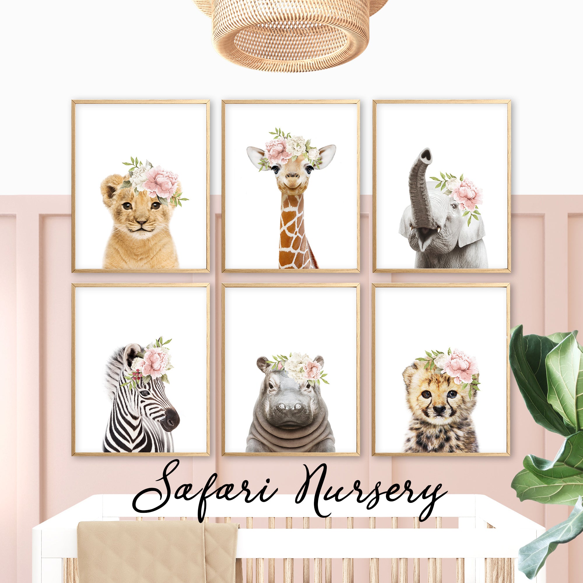 safari nursery wall art prints set of 6 prints, baby animal prints with flower crowns, baby girl nursery prints, safari gallery wall set, blush pink baby girl wall art decor, large printable wall art