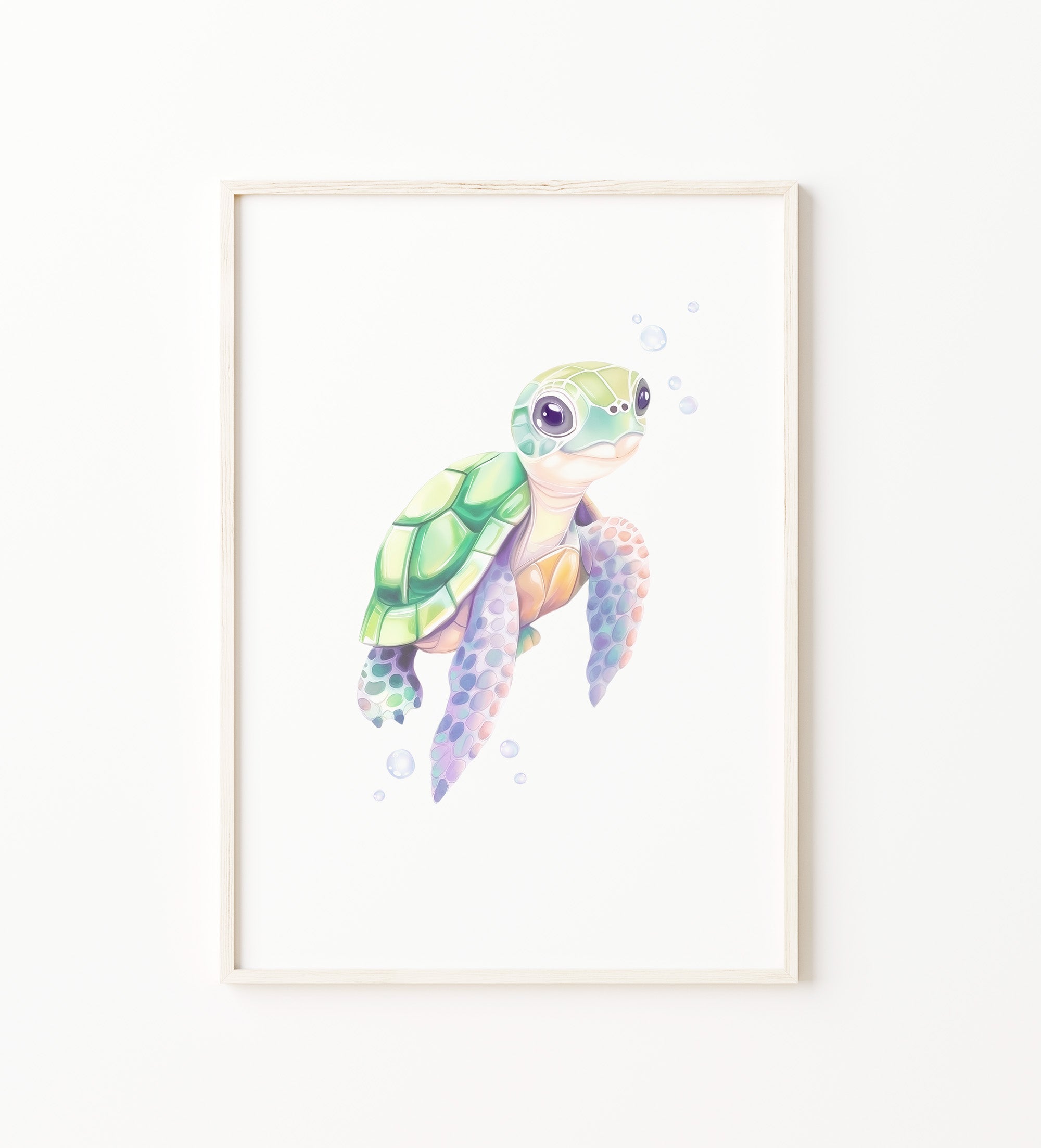 Watercolor Sea Turtle Nursery Wall Art Print, pastel sea turtle print with bubbles. Coastal ocean nursery decor for baby girl room, beach nursery, or kids room, large digital download, printable wall art.