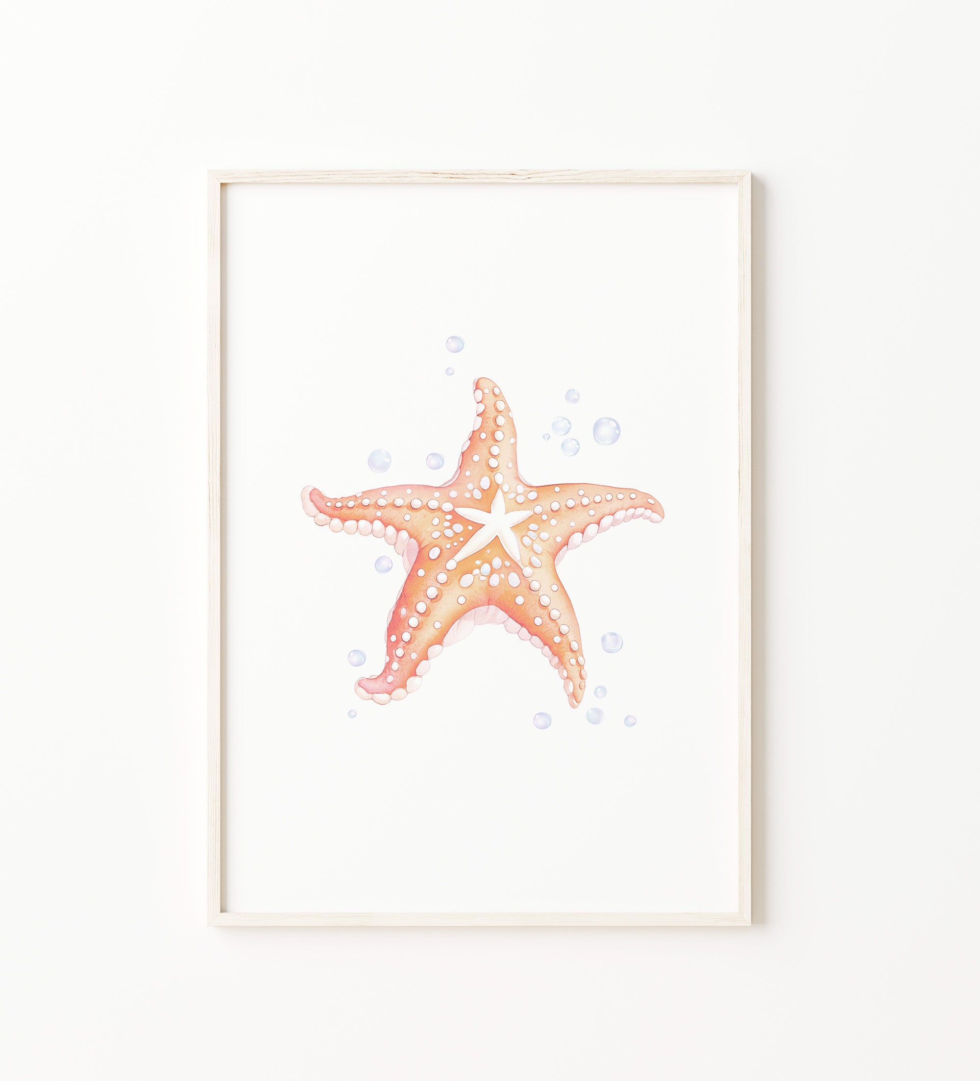 Watercolor Starfish nursery wall art, pastel starfish print with bubbles. Coastal ocean wall decor for baby girl nursery, beach nursery or kids room.