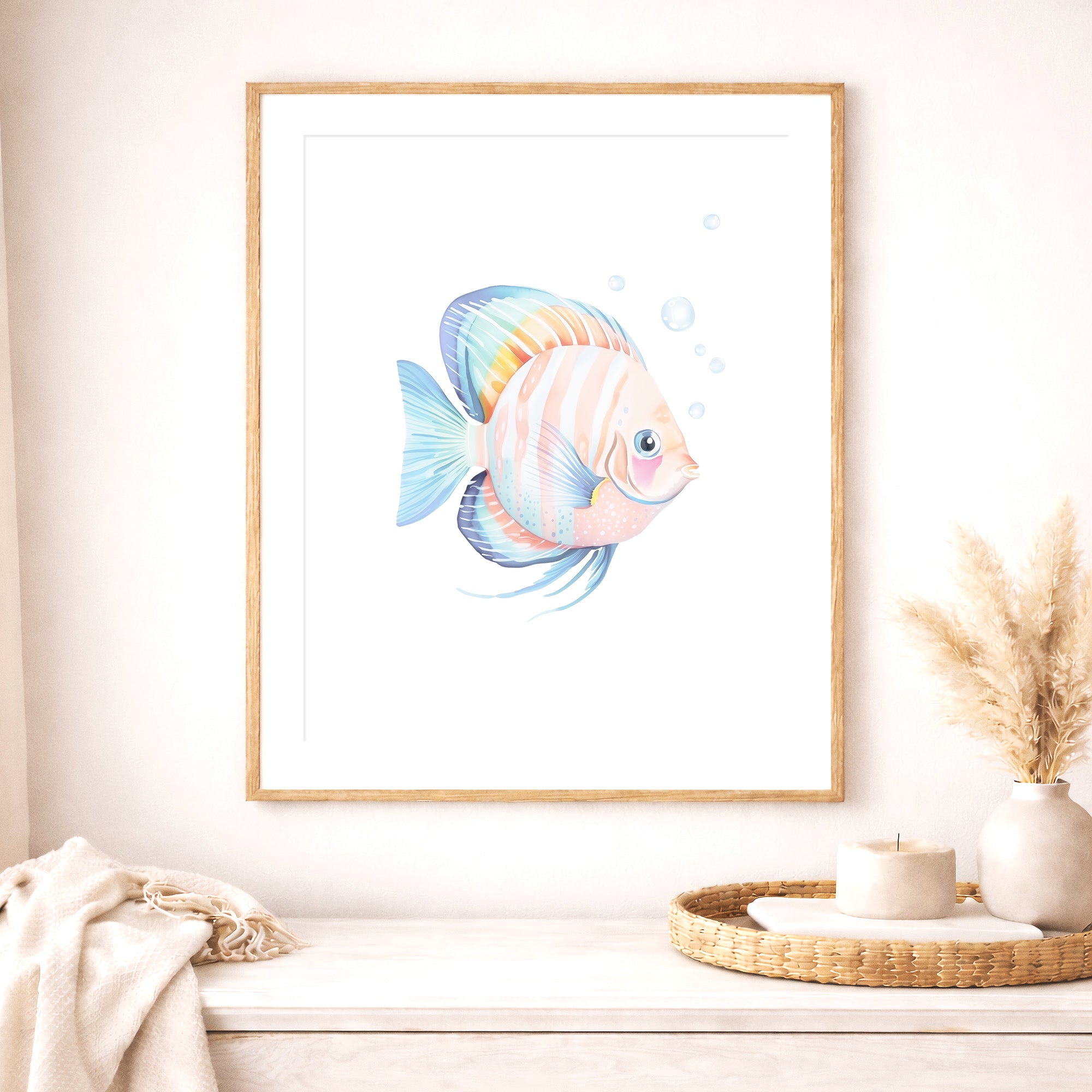 Tropical Fish Nursery Wall Art Decor. Coastal, pastel watercolor fish print, ocean wall decor for a baby girl nursery or kids room. Large digital download, Printable wall art