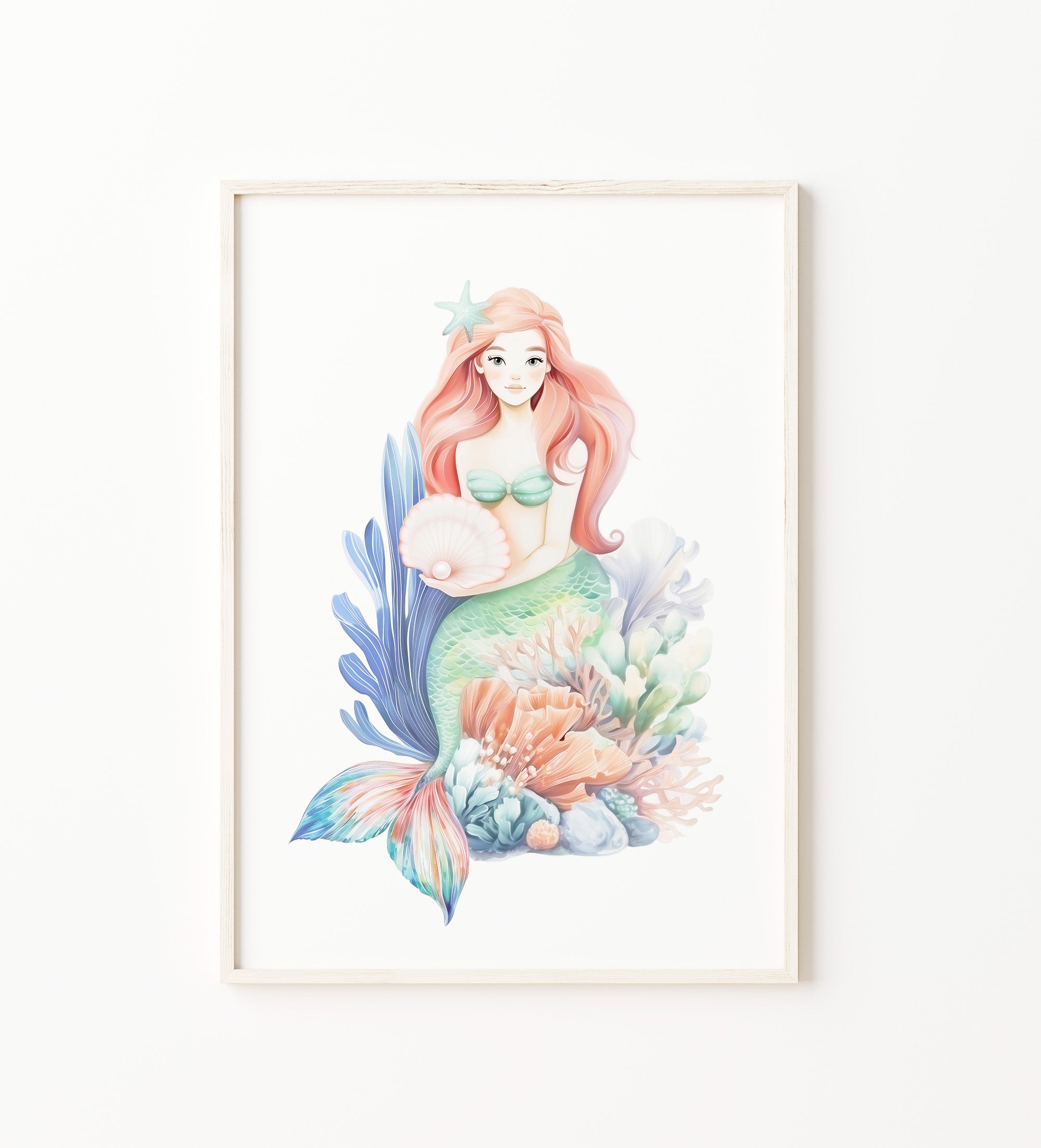 Watercolor Mermaid Wall Art for baby girl nursery wall art decor featuring a pastel mermaid with coral reef and seashells. Ocean nursery decor for digital download, printable wall art