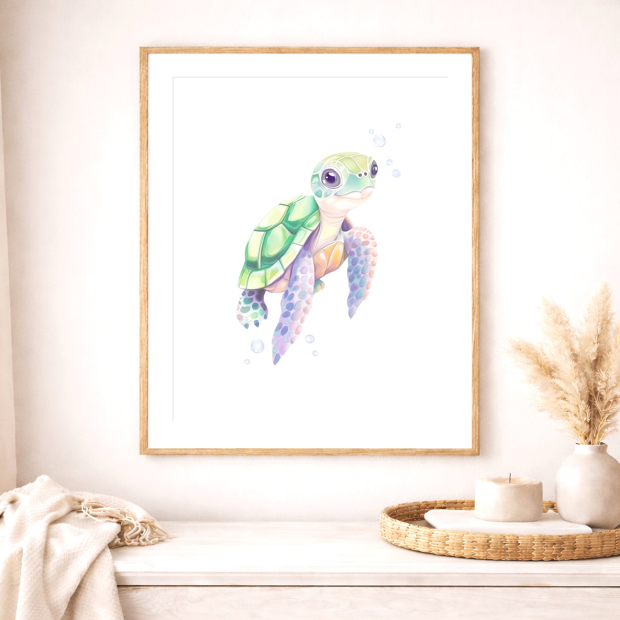 Watercolor Sea Turtle Wall Art Print. Coastal, under the sea, ocean nursery wall art decor for digital download, large printable wall art, pastel sea turtle illustration for a baby girl room, kids' room