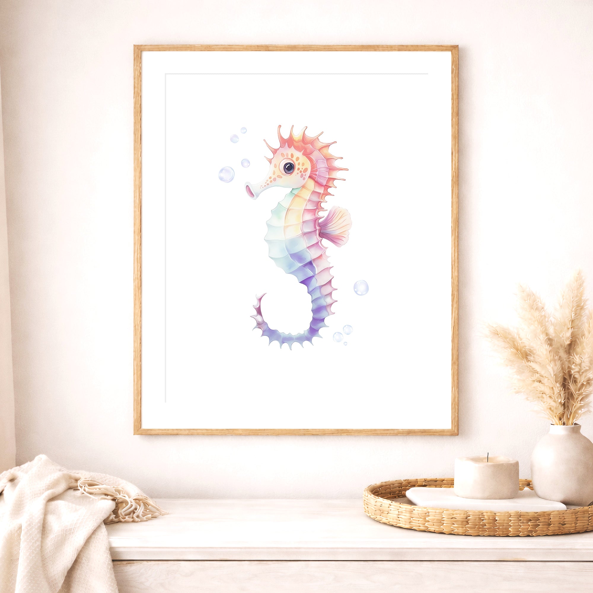 Watercolor Seahorse Wall Art Print, Coastal nursery decor, pastel seahorse illustration for a baby girl room or ocean-themed kids room.