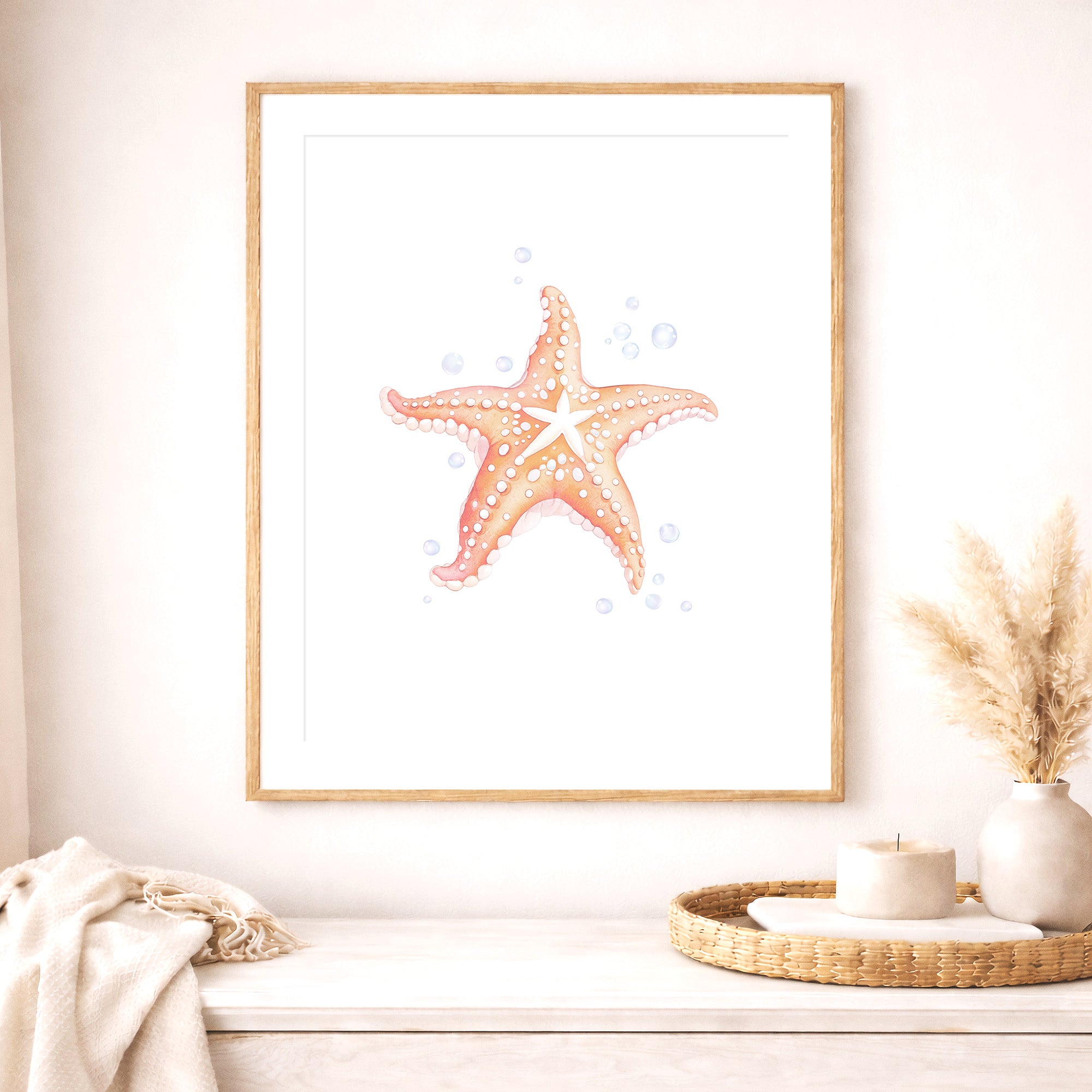 Watercolor Starfish Print, modern Coastal ocean nursery wall art decor featuring a pastel starfish illustration for baby girl room. Large digital download, printable wall art