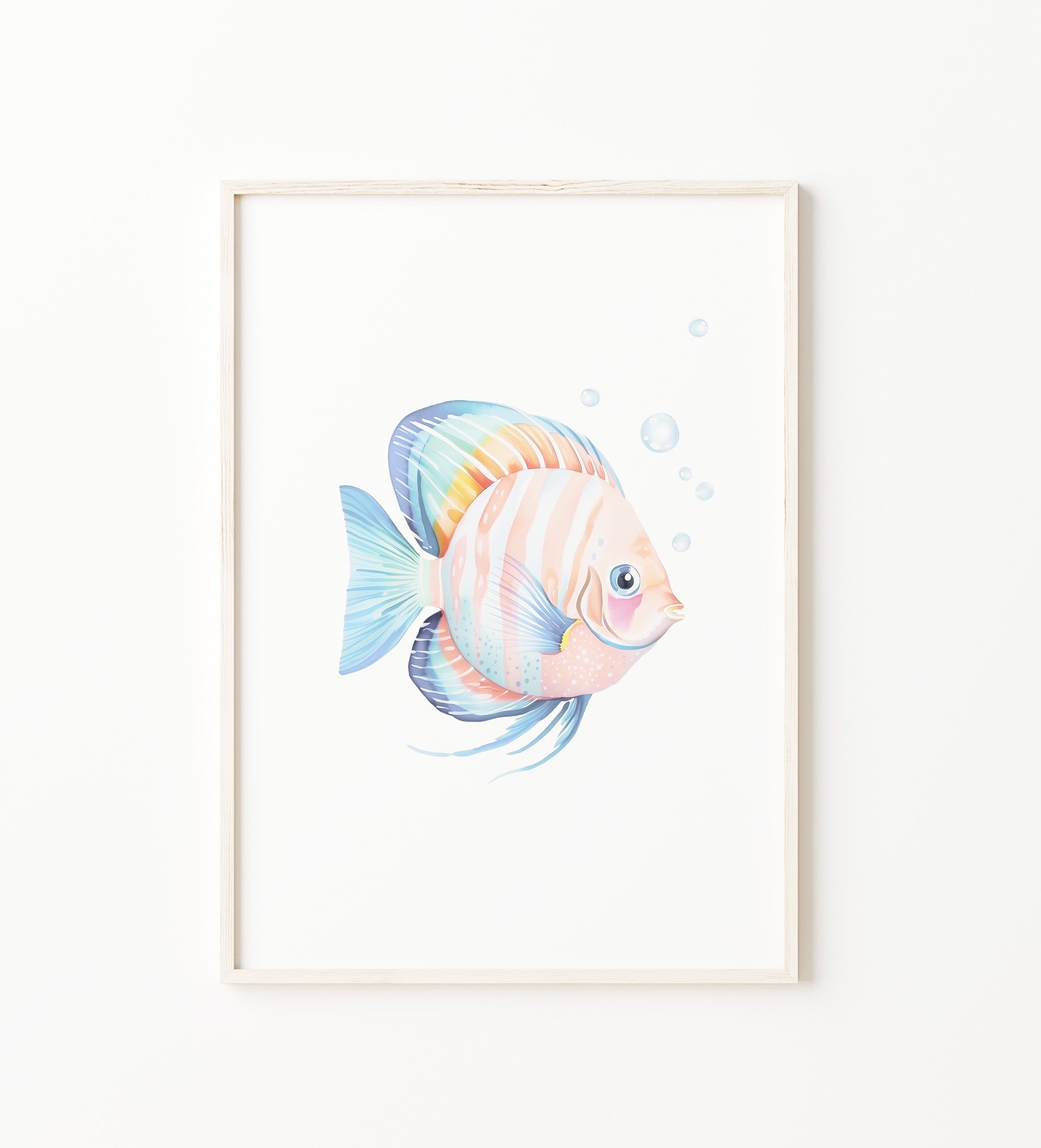 Watercolor Tropical Fish print, pastel ocean fish wall art with bubbles. Coastal nursery wall art decor for baby girl nursery, beach nursery, or ocean-themed kids room. Large printable wall art, digital download