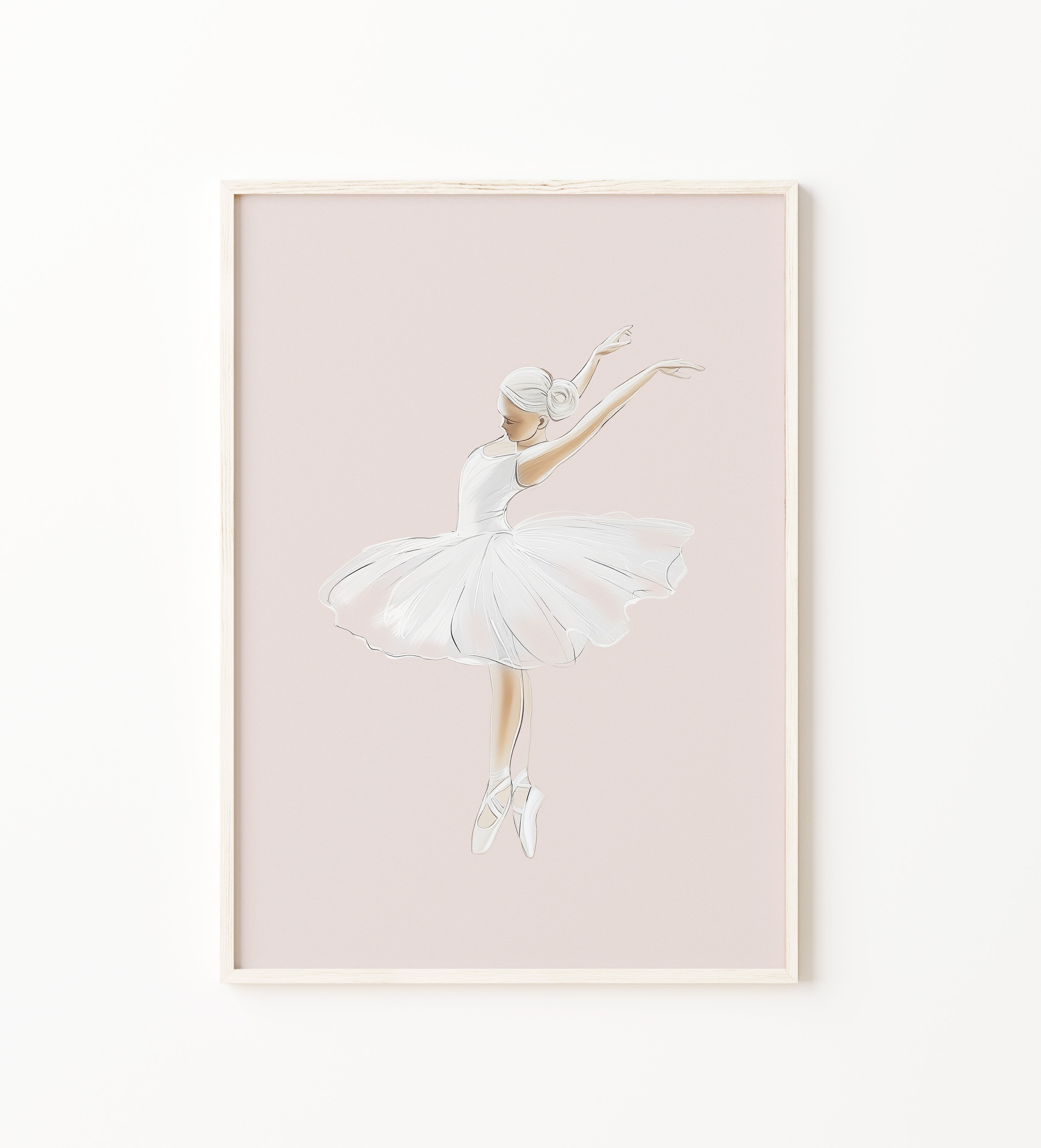White ballerina wall art print on a soft blush background, graceful ballet dancer print in a flowing tutu, perfect for a baby girl nursery, girls' bedroom and ballet room decor. Large digital download, printable wall art