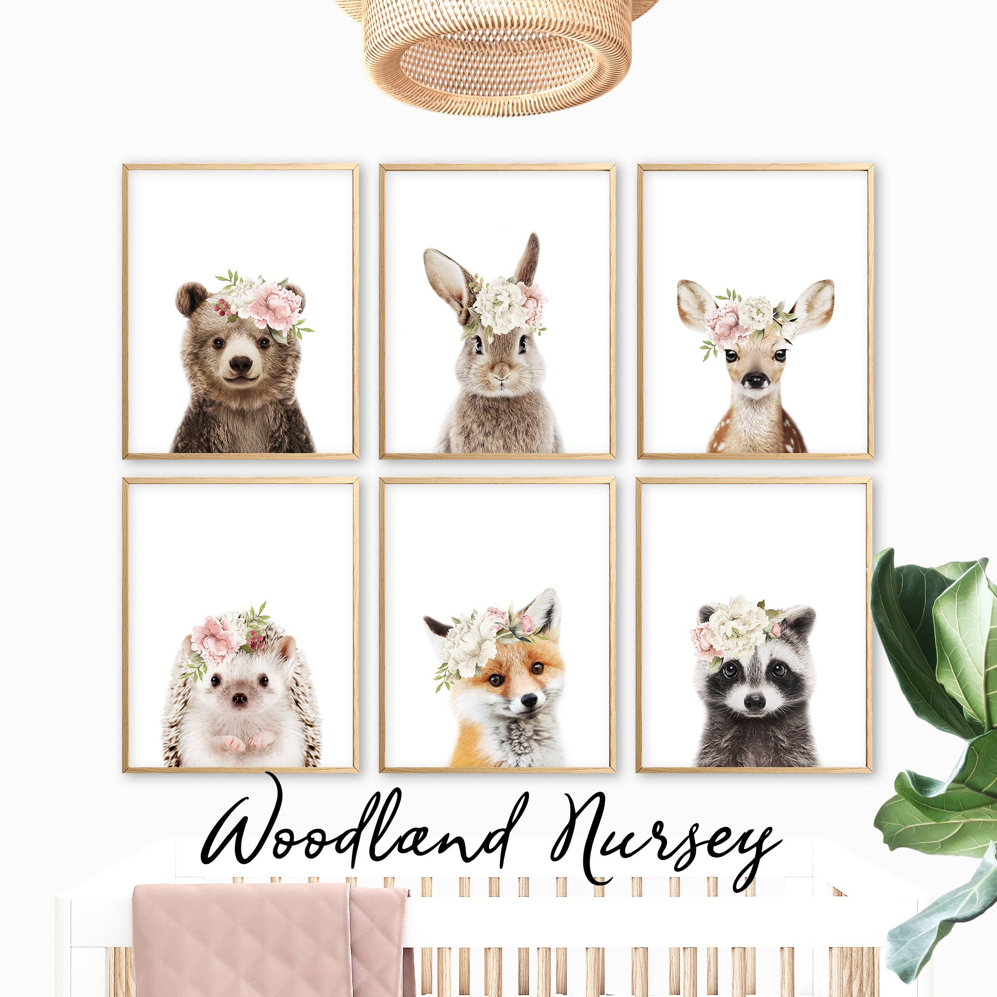 woodland nursery prints set of 6 prints, baby animal prints with flower crowns, blush pink floral baby girl wall art, forest nursery decor, gallery wall set, large printable wall art