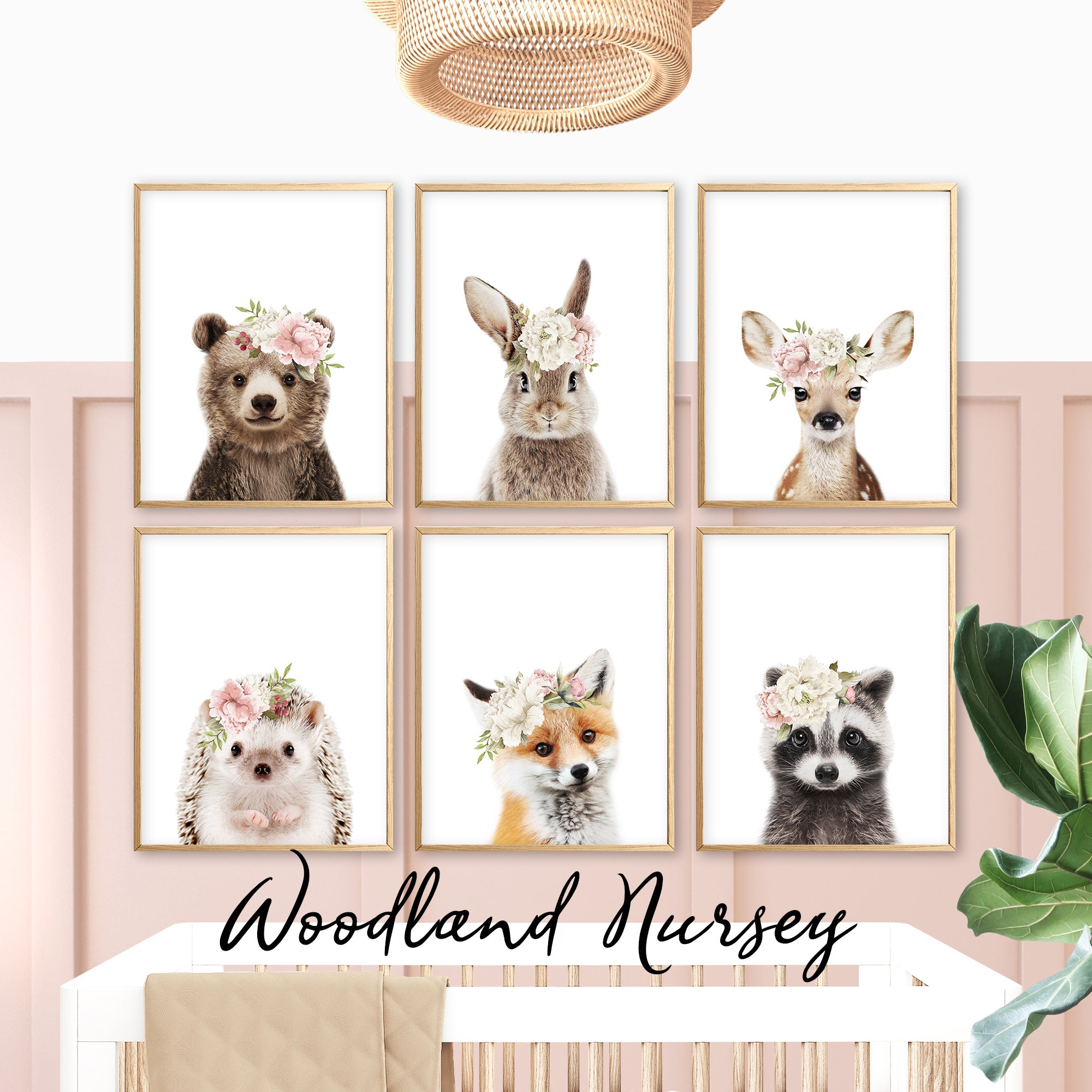 Woodland nursery wall art prints set of 6, baby animal prints with flower crowns, blush pink nursery prints, forest nursery decor, baby girl room wall art, girls bedroom art, gallery wall set for digital download, large