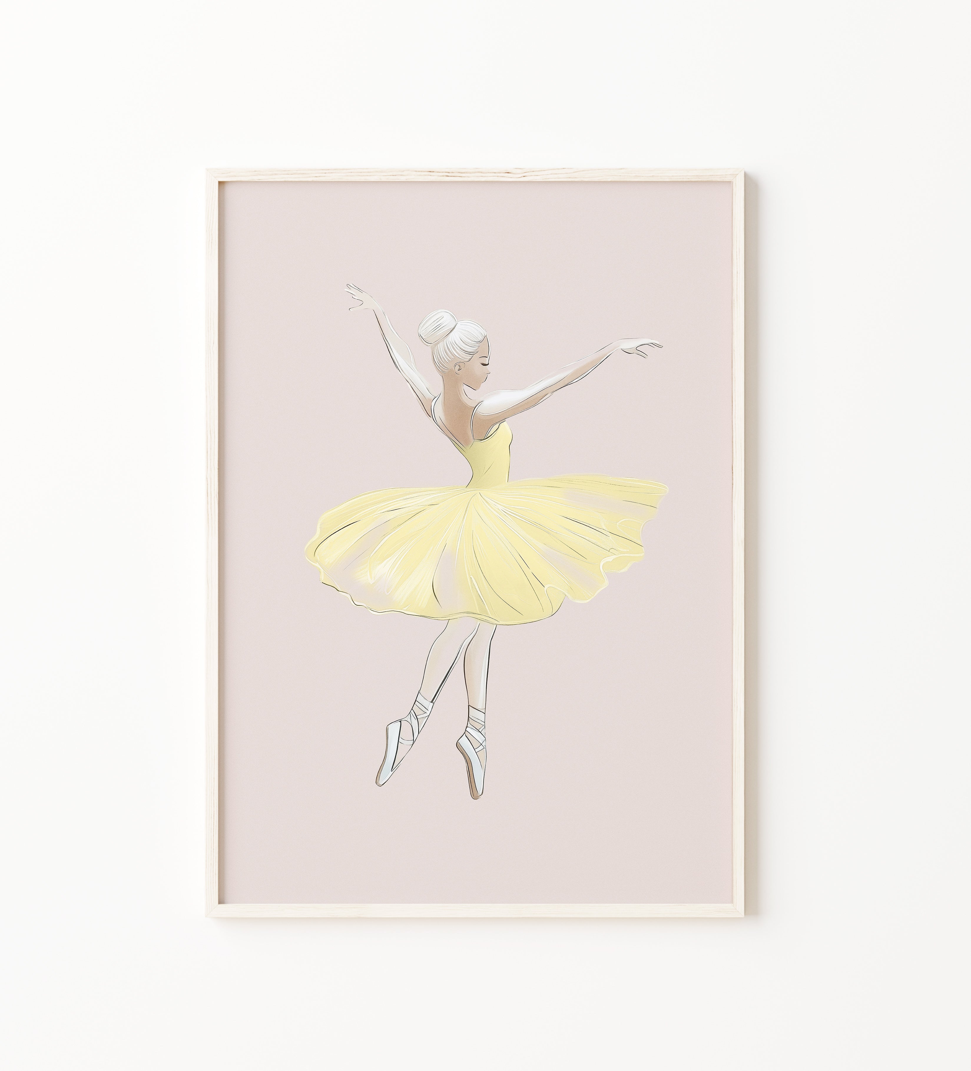 Yellow ballerina wall art print, graceful ballet dancer print in a soft pastel yellow tutu on a blush background, perfect for baby girl nursery, girls bedroom and ballet room decor.