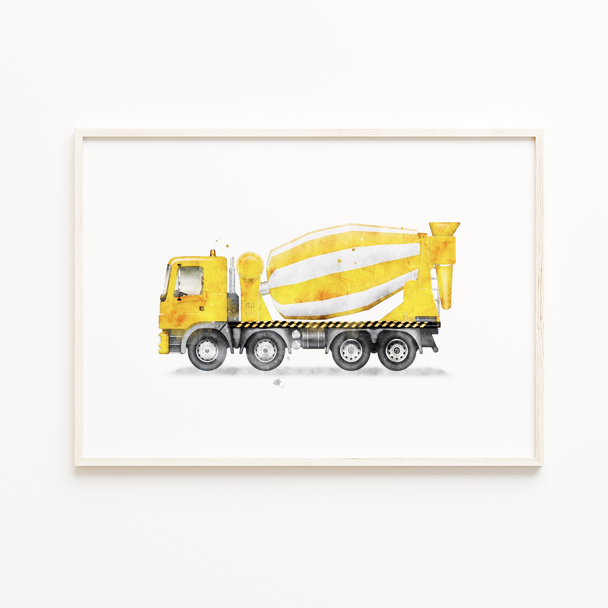 Yellow Cement mixer truck wall art, construction vehicle prints, kids, boys nursery wall art decor for digital download, watercolor concrete mixer illustration, picture, poster, boys room wall art, large instant download