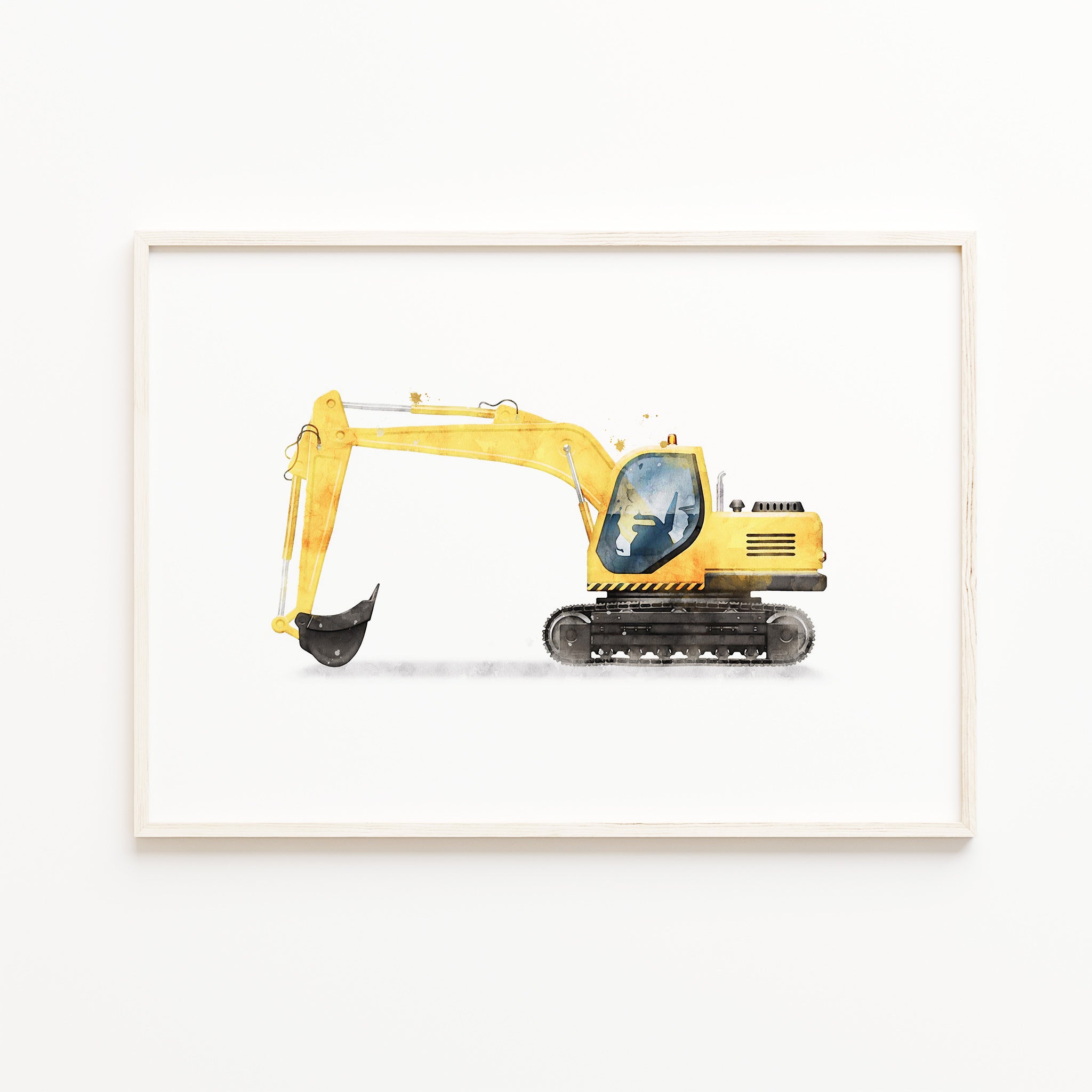 Excavator wall art print, yellow construction vehicle wall art decor for digital download, large kids room printable wall art, watercolor digger illustration, picture, poster, boys nursery wall art decor